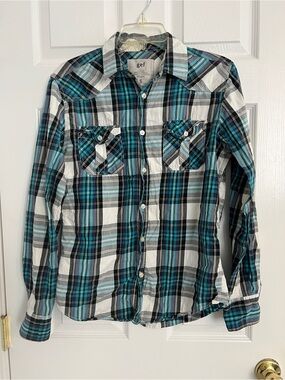 Gef France Plaid Western Button Up Shirt Small Teal Grunge Y2K Indie Skater